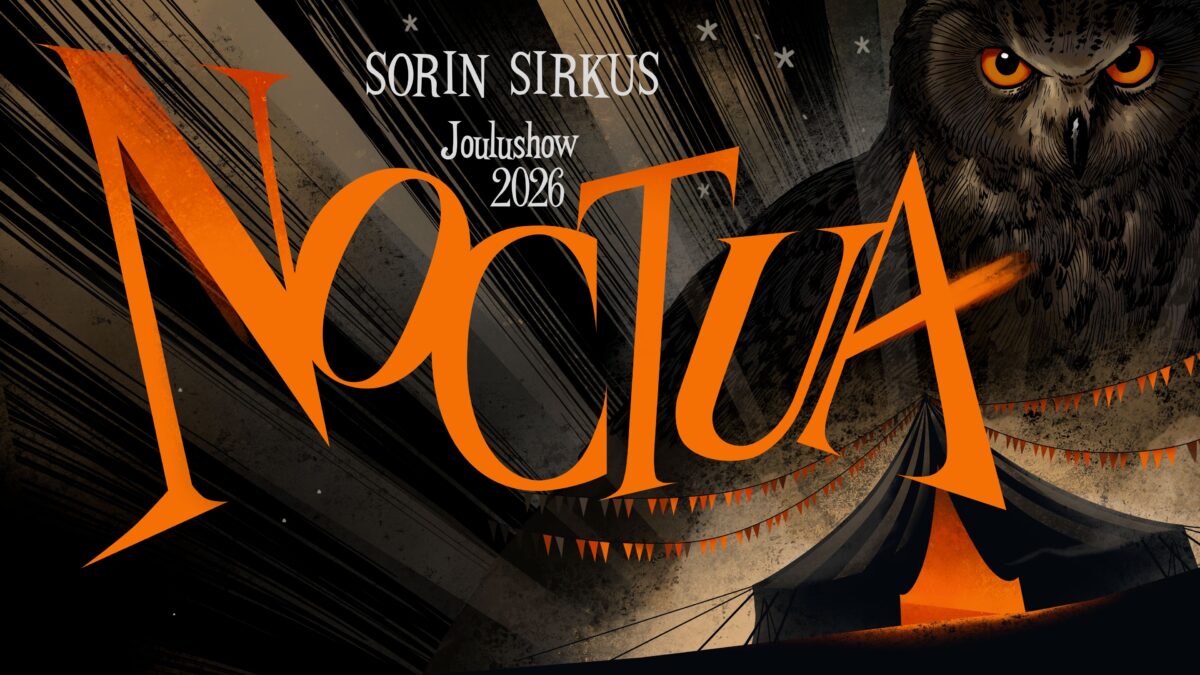 Sorin Sirkuksen Joulushow Noctuan tunnuskuva. Kuvan taustalla oranssisilmäinen pöllö ja vanha sirkusteltta.